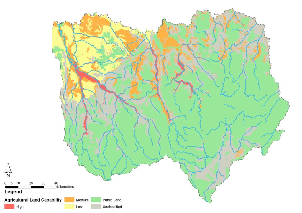 Low capability of agriculture around the north west area surrounding Wangaratta. The highest capability is along the waterway corridors. 