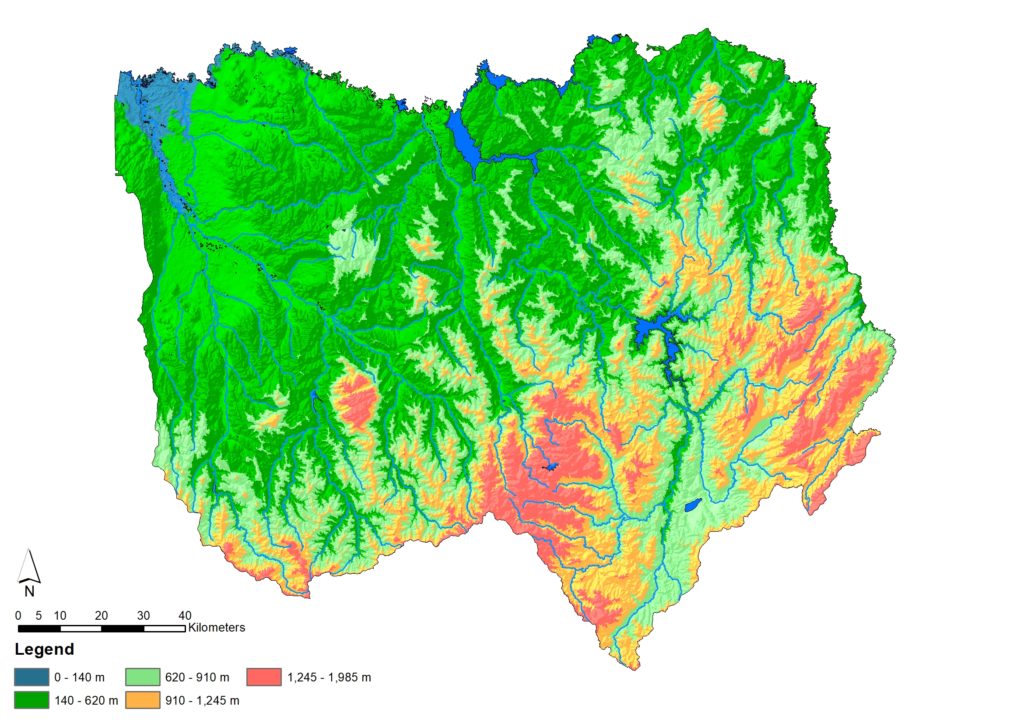 Land forms in north east region are distinguished by high elevation in the alpine region and lowest in the riverine area