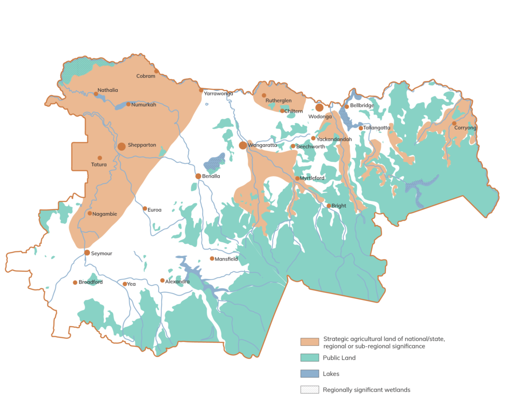 Highest strategic agricultural land is south of Wangaratta along the Ovens and King River systems as well as around Rutherglen, South of Wodonga and surrounding Corryong