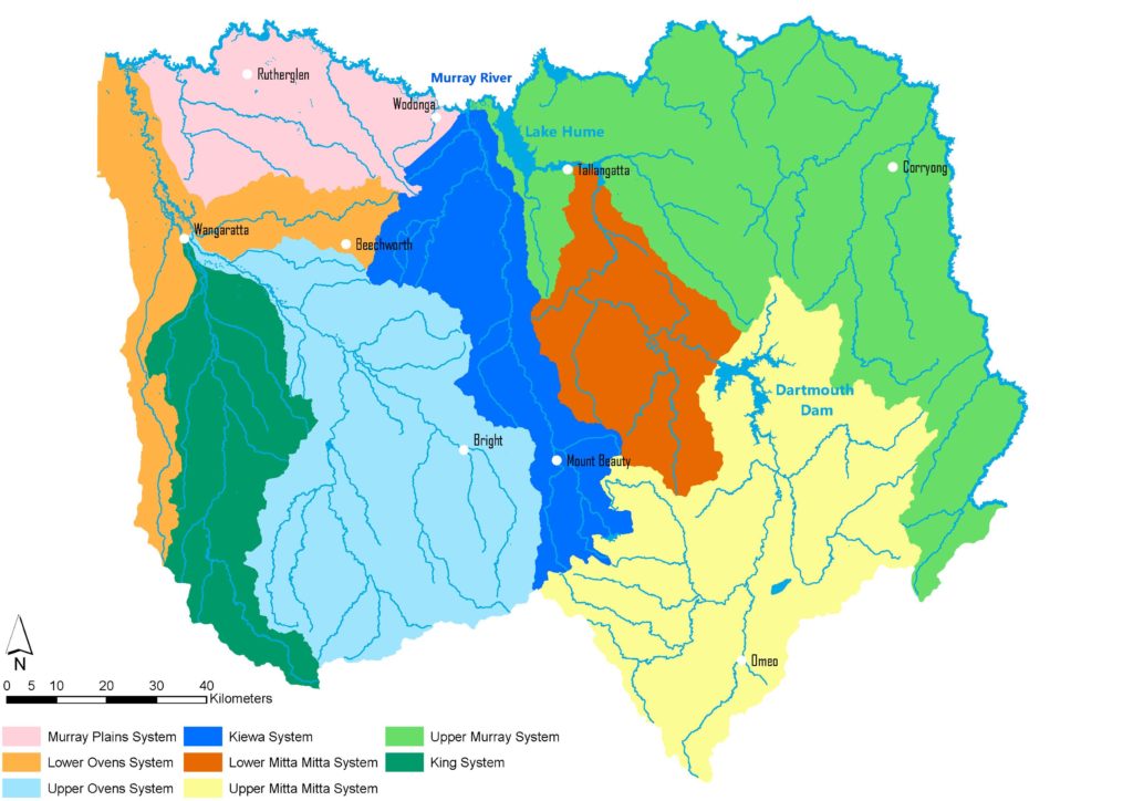 The sub catchments are distinguished by the main waterway systems and separated by upper and lower systems.