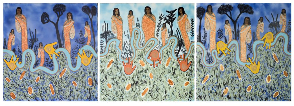 An acrylic painting with ochre, by Treahna Hamm (Yorta Yorta) depicting indigenous woman conducting cool burning along the waterways